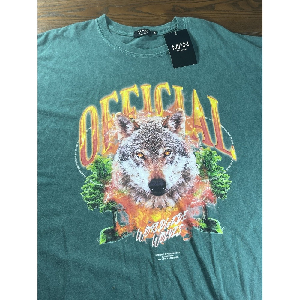 NEW Boohoo Man Shirt Mens Green Worldwide Wolves Short Sleeve Oversized Large